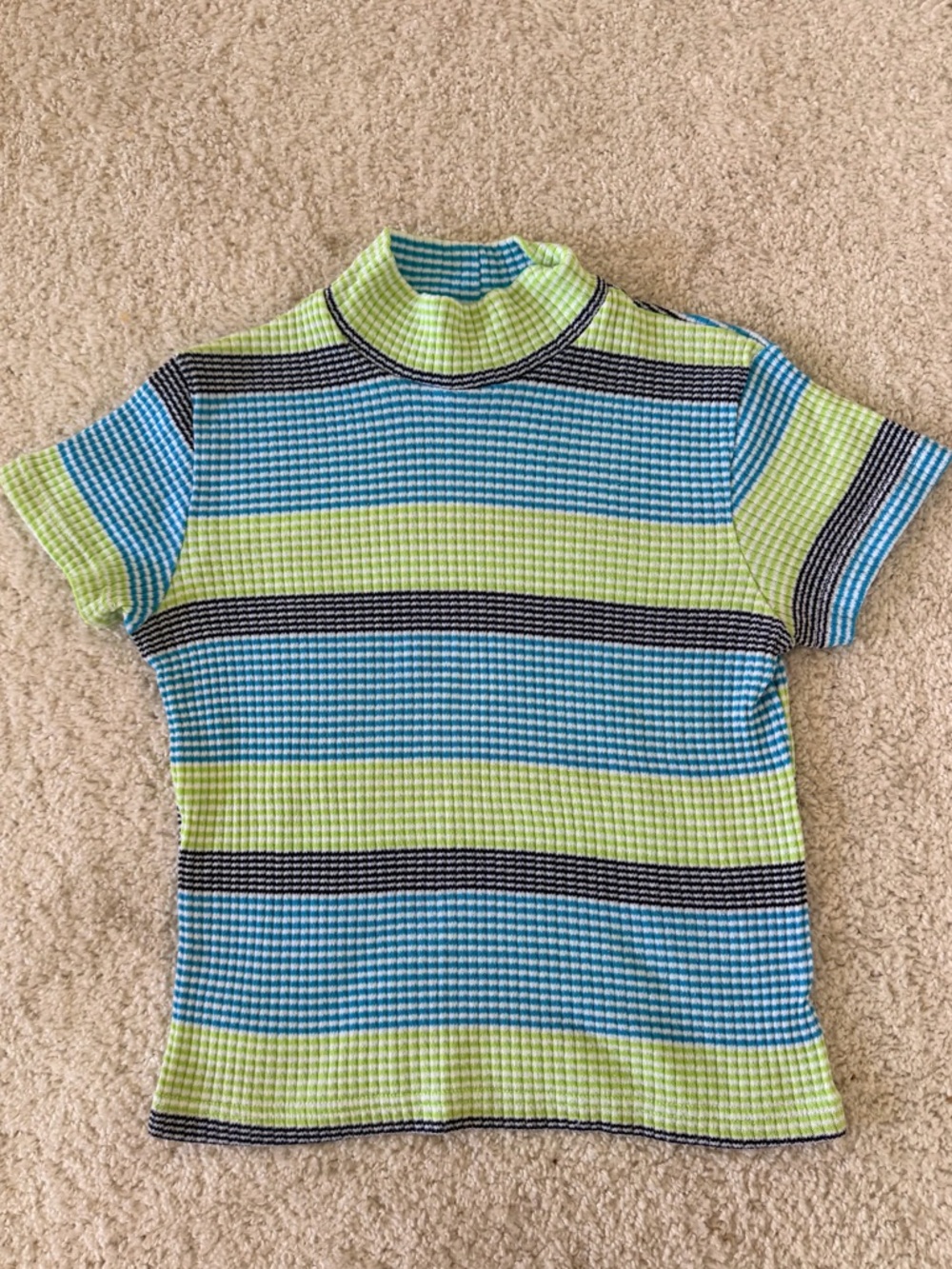 Short Sleeve Striped Mock Neck Top in Lime Green & Blue